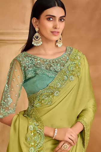 Pista green sartin chiffon saree & banglori work blouse