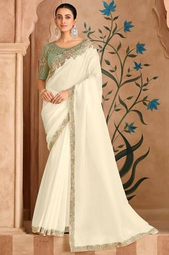 Powder white silk georgette saree & banglori work blouse