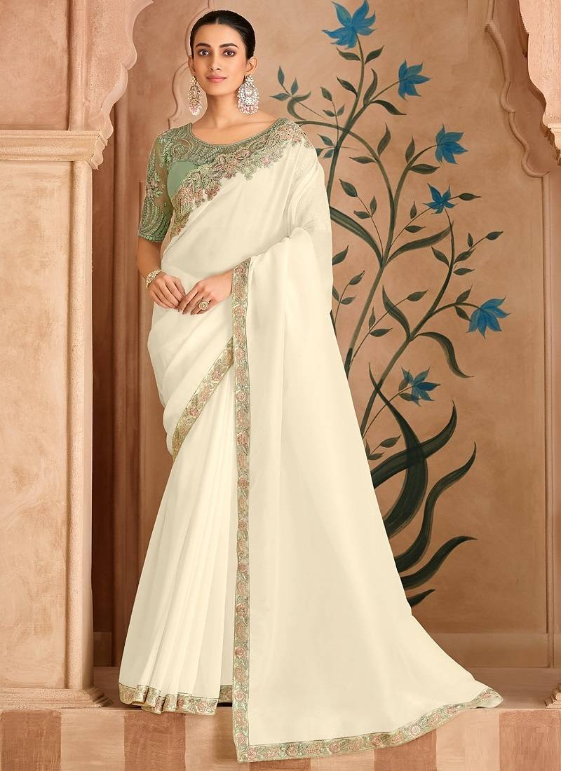 Powder white silk georgette saree & banglori work blouse