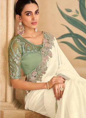Powder white silk georgette saree & banglori work blouse 2