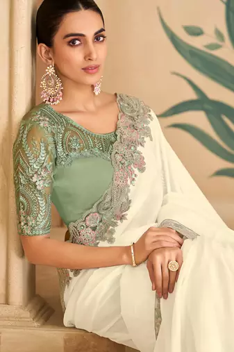 Powder white silk georgette saree & banglori work blouse
