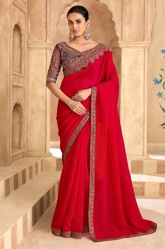 Cherry red sartin georgette saree & banglori work blouse