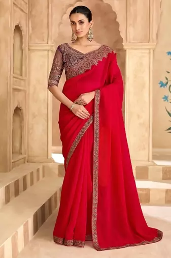 Cherry red sartin georgette saree & banglori work blouse