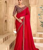 Cherry red sartin georgette saree & banglori work blouse