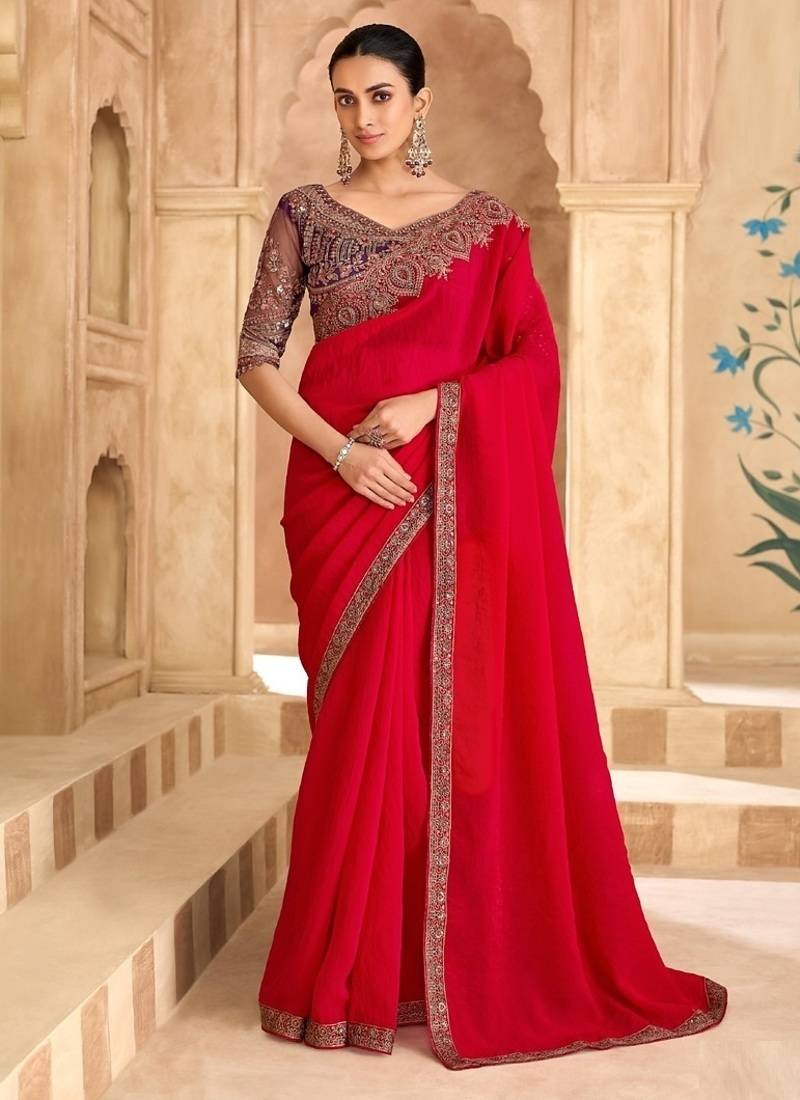 Cherry red sartin georgette saree & banglori work blouse