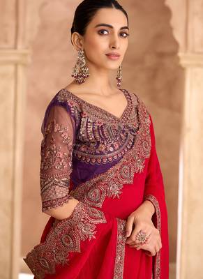 Cherry red sartin georgette saree & banglori work blouse 2