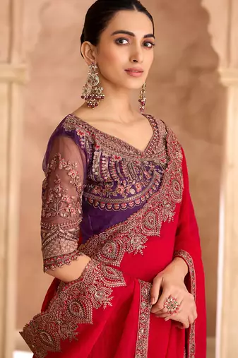 Cherry red sartin georgette saree & banglori work blouse