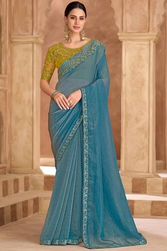 Sky blue tissue georgette saree & banglori work blouse