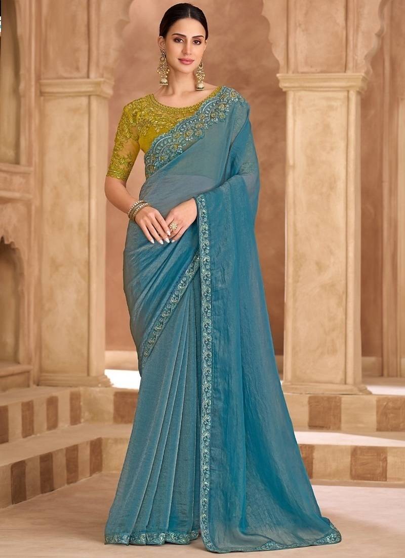 Sky blue tissue georgette saree & banglori work blouse
