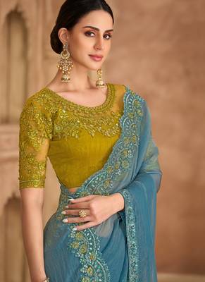 Sky blue tissue georgette saree & banglori work blouse 2