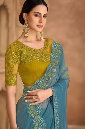 Sky blue tissue georgette saree & banglori work blouse