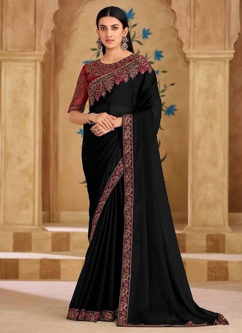 Pure black sartin chiffon saree & banglori work blouse