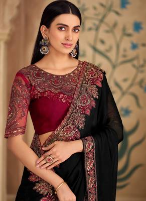 Pure black sartin chiffon saree & banglori work blouse 2