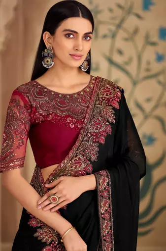 Pure black sartin chiffon saree & banglori work blouse