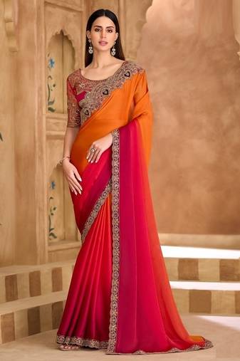 Orange sparkle shaded chiffon saree & banglori work blouse