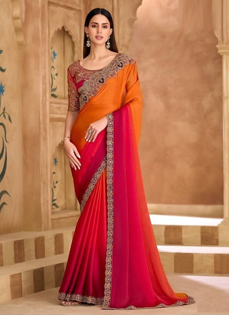 Orange sparkle shaded chiffon saree & banglori work blouse
