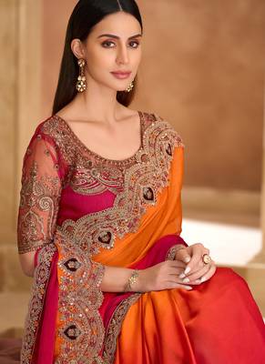 Orange sparkle shaded chiffon saree & banglori work blouse 2