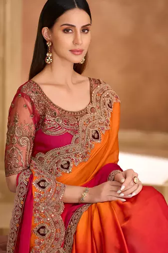 Orange sparkle shaded chiffon saree & banglori work blouse