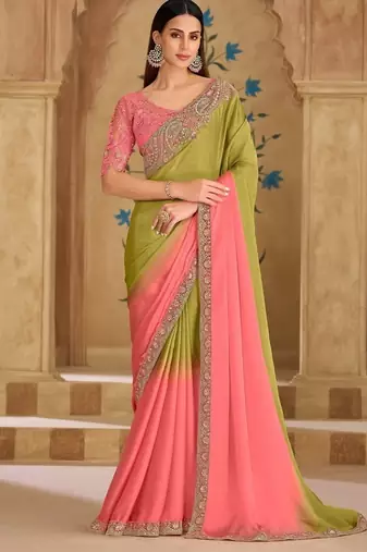 Shaded olive & peach tissue crashed georgette saree & banglori work blouse