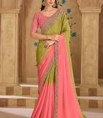 Shaded olive & peach tissue crashed georgette saree & banglori work blouse