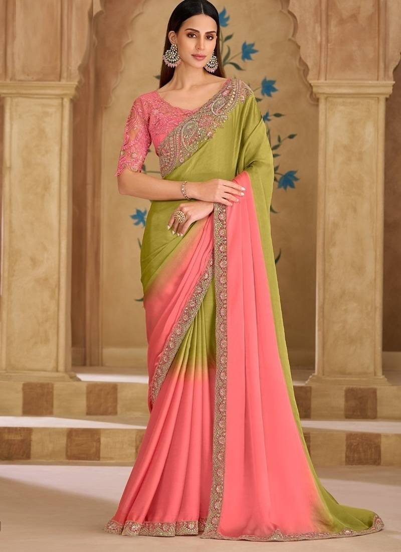 Shaded olive & peach tissue crashed georgette saree & banglori work blouse