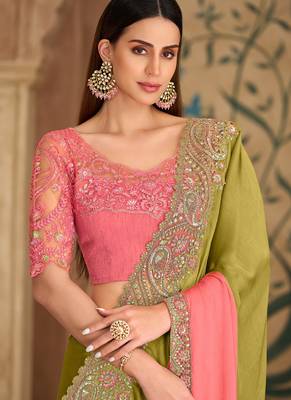 Shaded olive & peach tissue crashed georgette saree & banglori work blouse 2