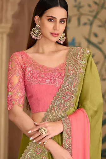 Shaded olive & peach tissue crashed georgette saree & banglori work blouse