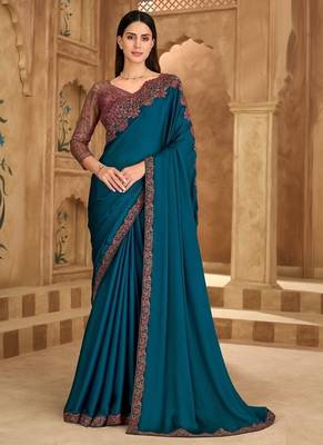Till blue sartin chiffon saree & banglori work blouse 1