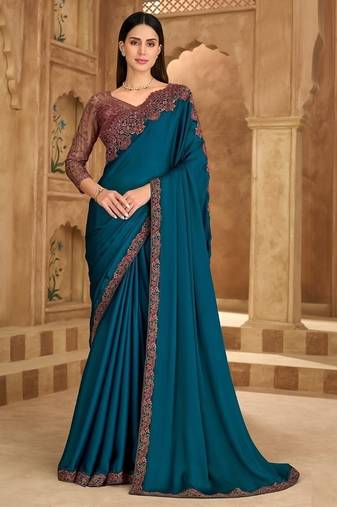 Till blue sartin chiffon saree & banglori work blouse