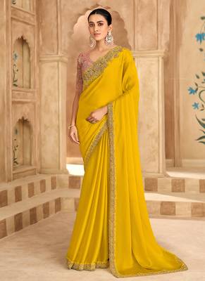 Gold sartin chiffon saree & banglori work blouse 1