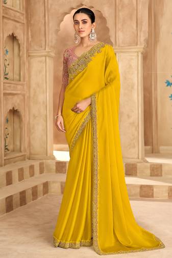 Gold sartin chiffon saree & banglori work blouse