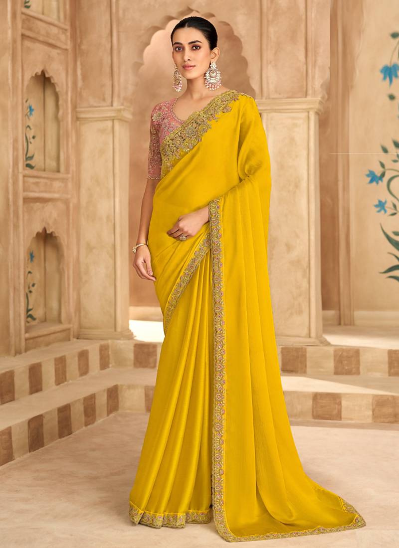 Gold sartin chiffon saree & banglori work blouse