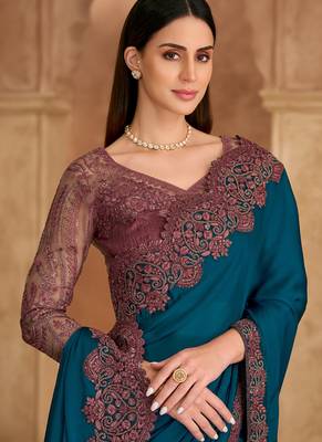 Till blue sartin chiffon saree & banglori work blouse 2
