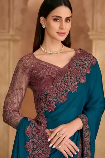 Till blue sartin chiffon saree & banglori work blouse