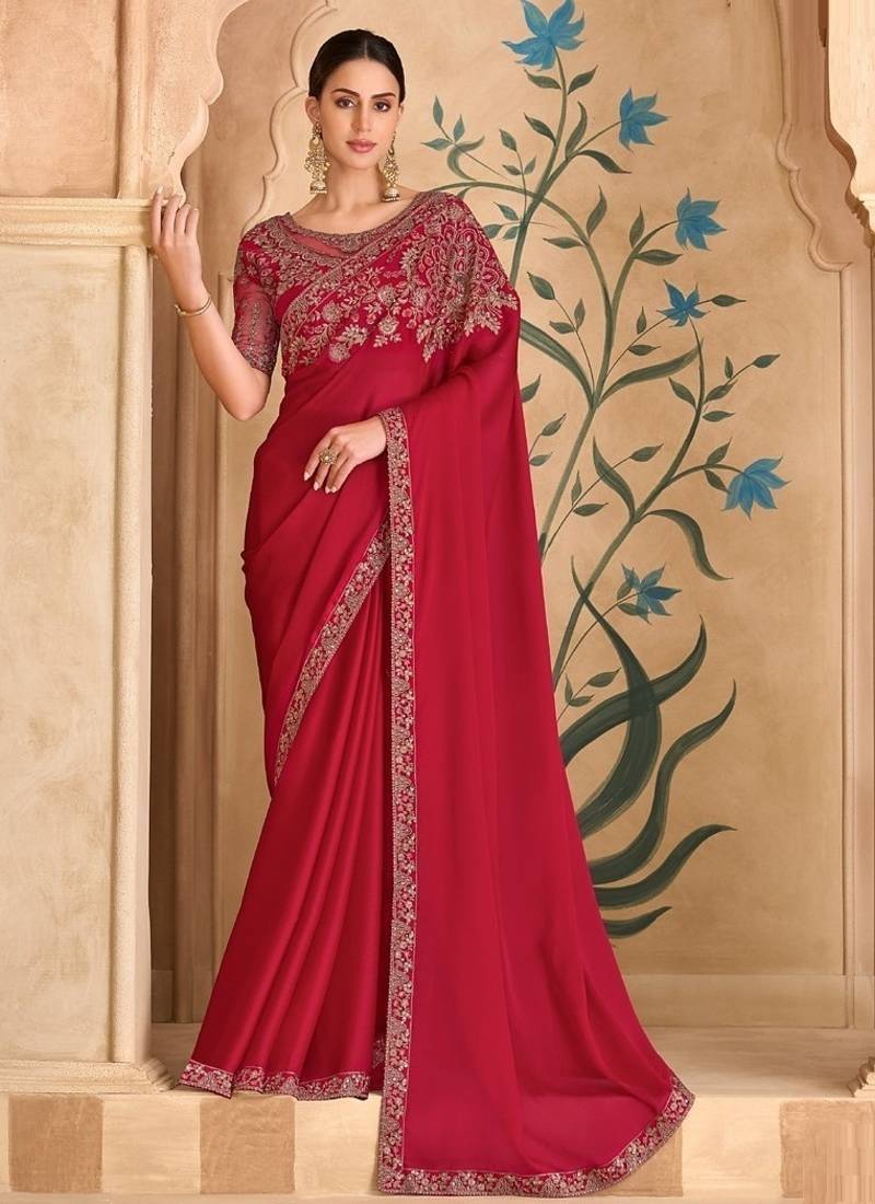 Sparkle red georgette saree & banglori work blouse