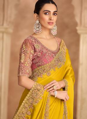 Gold sartin chiffon saree & banglori work blouse 2