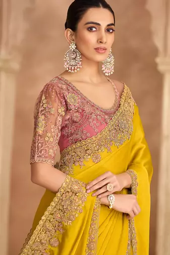 Gold sartin chiffon saree & banglori work blouse