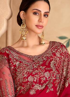 Sparkle red georgette saree & banglori work blouse 2