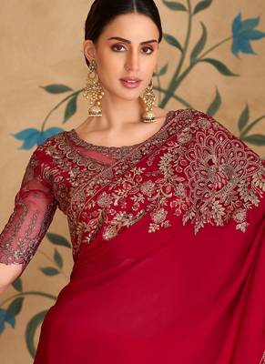 Sparkle red georgette saree & banglori work blouse 3