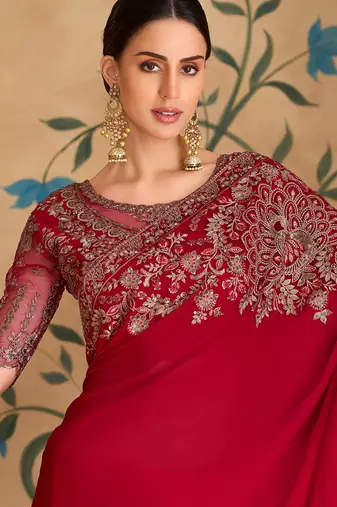 Sparkle red georgette saree & banglori work blouse