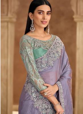 Levandar tissue georgette saree & sartin work blouse 2