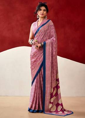 pink fancy printed dull satin saree with matching blouse 1