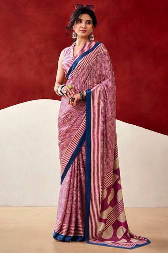 pink fancy printed dull satin saree with matching blouse