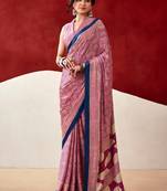 pink fancy printed dull satin saree with matching blouse