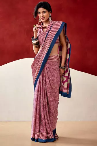 pink fancy printed dull satin saree with matching blouse
