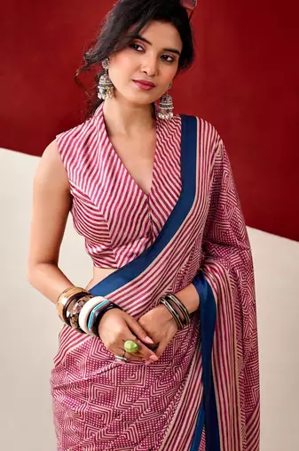 pink fancy printed dull satin saree with matching blouse