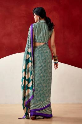 green fancy printed dull satin saree with matching blouse 2