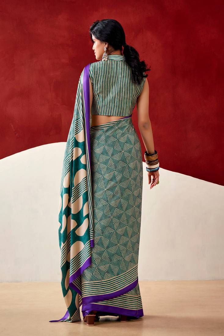 green fancy printed dull satin saree with matching blouse