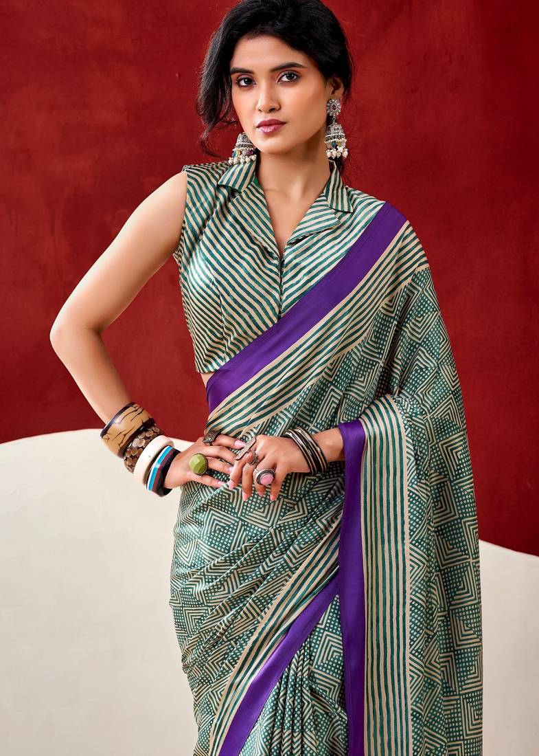 green fancy printed dull satin saree with matching blouse