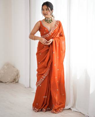 orange elegant fendy art silk blend saree with thread & sequin embroidery 1